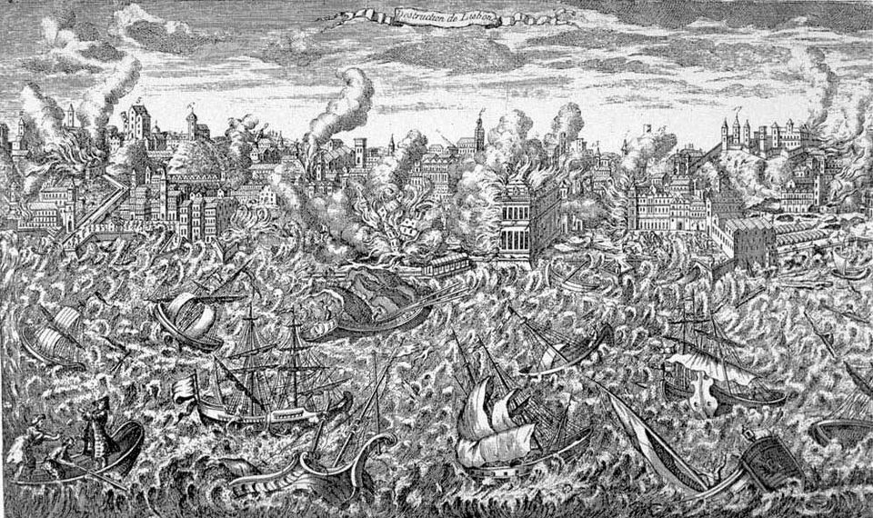 Gravure du séisme de Lisbonne de 1755 montrant la ville en ruines et en flammes.