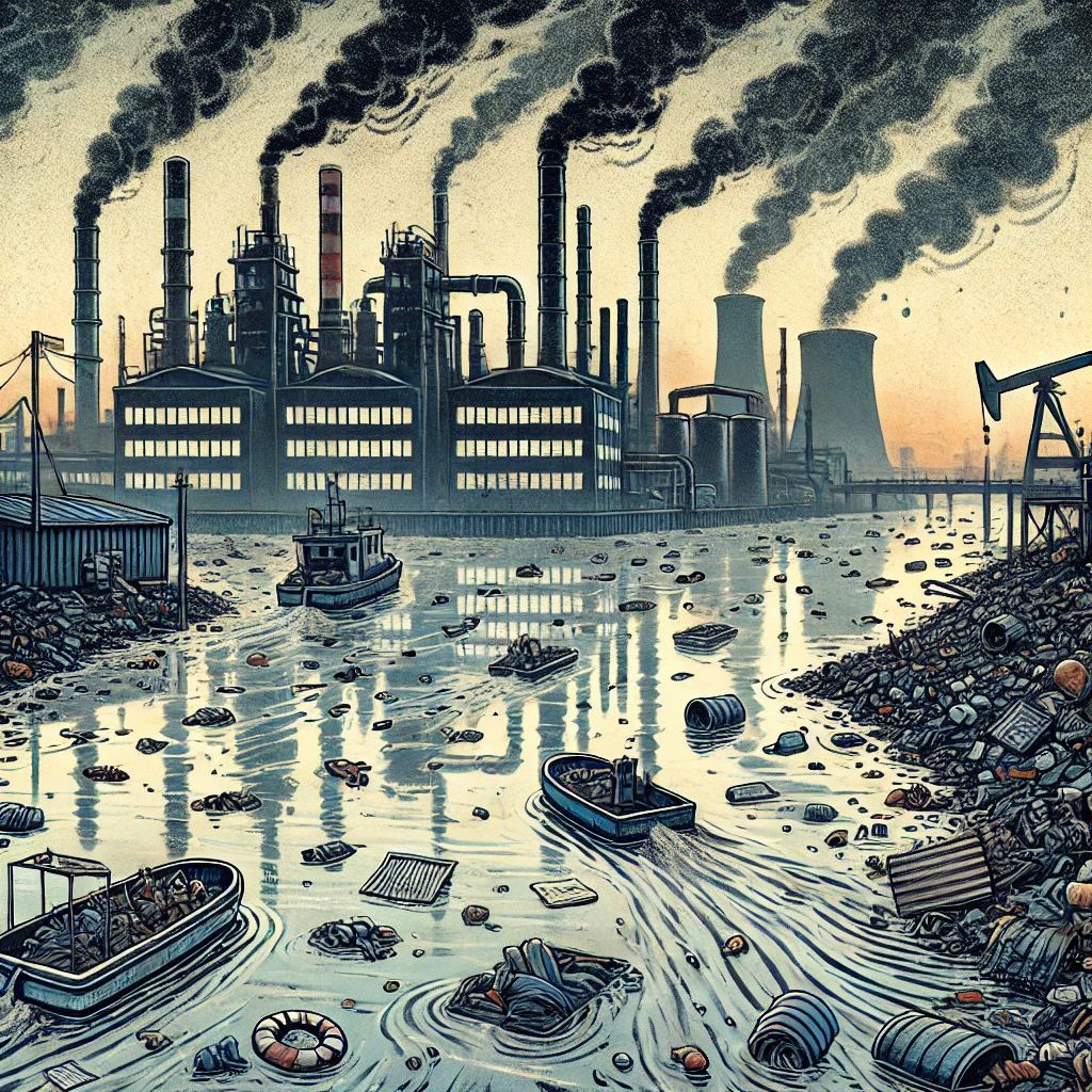 Pollution : Illustration de la pollution menace sournoise dans les eaux, causée par les déchets industriels et les hydrocarbures.