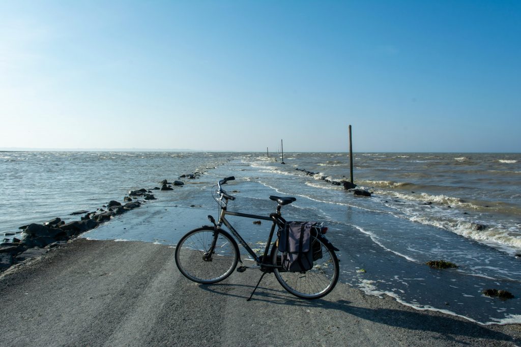 Vélos posés sur une digue au bord de la mer en Vendée, face à l’océan et au ciel bleu