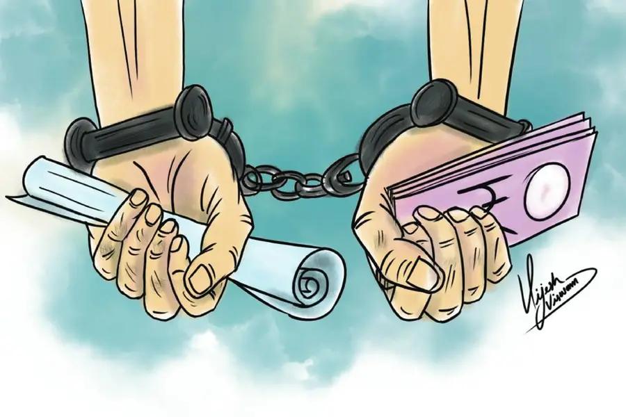Illustration de menottes, d'argent et d'un document officiel symbolisant les enquêtes judiciaires et les sanctions contre la corruption.