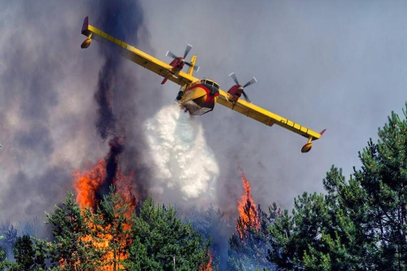 Avion bombardier d'eau intervenant sur un incendie de forêt, illustrant les investissements publics nécessaires pour protéger les populations et les espaces naturels.