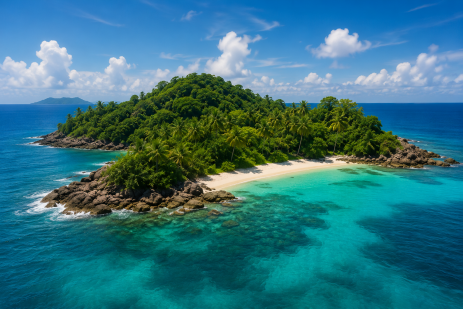 Vue aérienne d'une île tropicale entourée d'une mer turquoise, illustrant la beauté des océans, la biodiversité et la nécessité de préserver les écosystèmes marins.