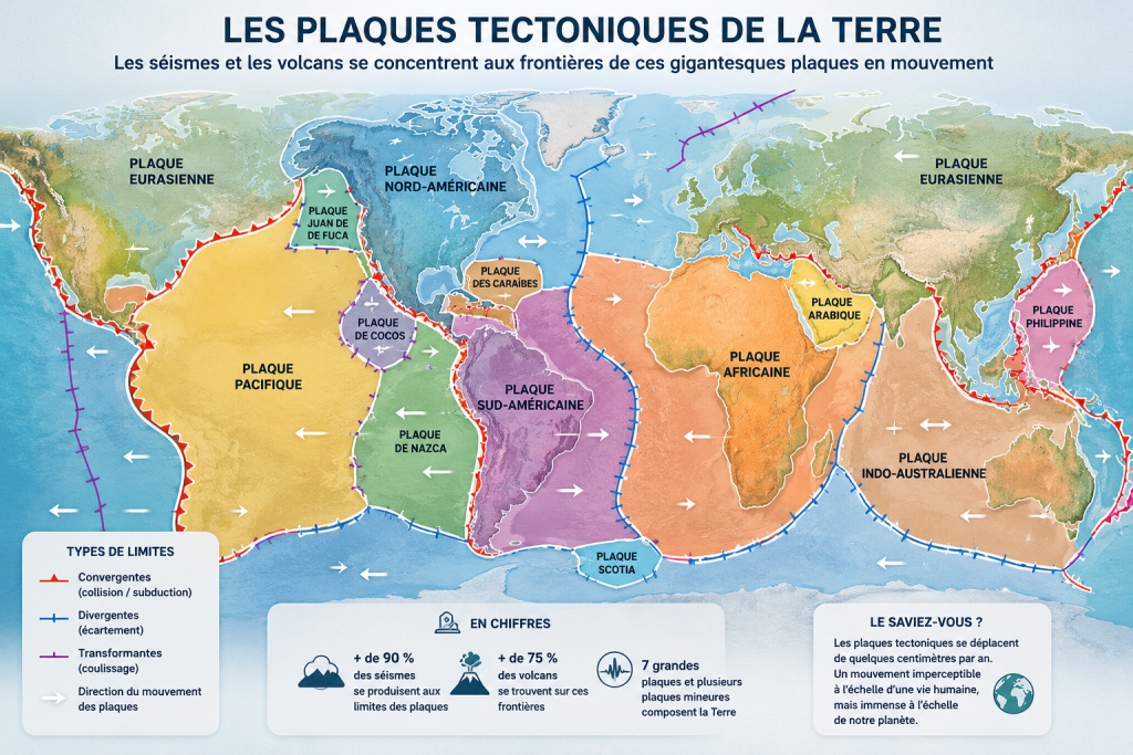 Carte des principales plaques tectoniques de la Terre montrant les limites des plaques où se concentrent la majorité des séismes et des volcans.