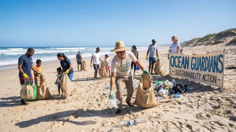 Bénévoles participant au nettoyage d’une plage polluée par des déchets plastiques.