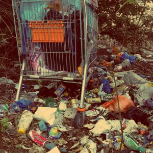 Dépôt sauvage de déchets plastiques et ménagers abandonnés dans un espace naturel.