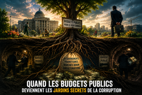 Illustration représentant le détournement des budgets publics par la corruption, avec un bâtiment officiel, un arbre symbolique et des circuits d'argent dissimulés sous terre.