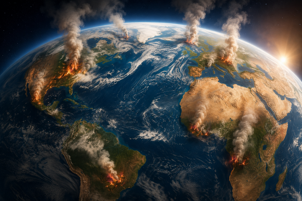 Vue de la planète Terre depuis l'espace avec plusieurs incendies de forêt et d'importantes colonnes de fumée, illustrant les effets du réchauffement climatique et l'urgence de protéger les océans et l'environnement.