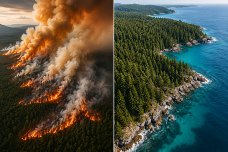 Montage montrant un incendie de forêt et une forêt préservée rejoignant l'océan, illustrant le contraste entre la destruction des écosystèmes et la nécessité de protéger la planète.