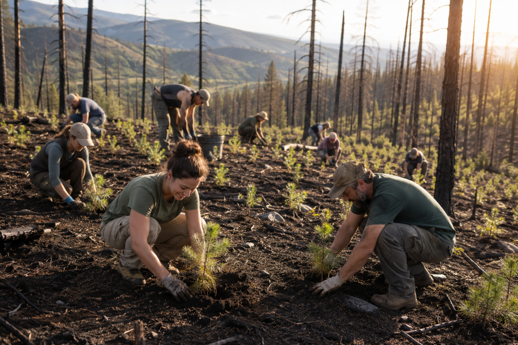 Des femmes et des hommes replantent de jeunes arbres dans une forêt après un incendie, symbole de reconstruction, de protection de l'environnement et d'espoir pour les générations futures.
