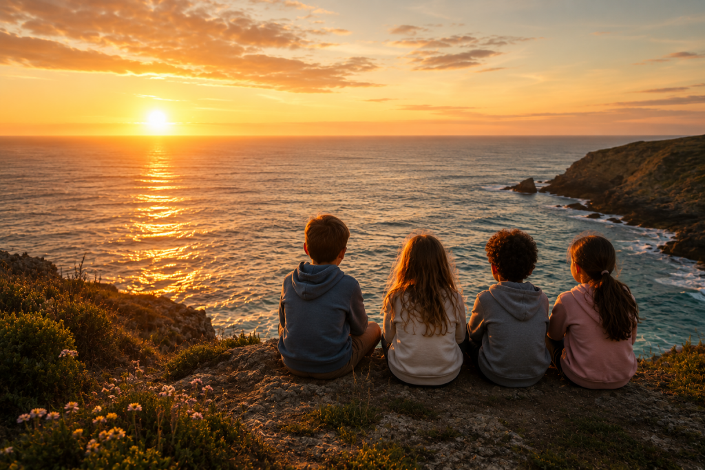 Des enfants observent l'océan au lever du soleil depuis une falaise, symbole de la transmission, de l'avenir et de la responsabilité envers les générations futures.