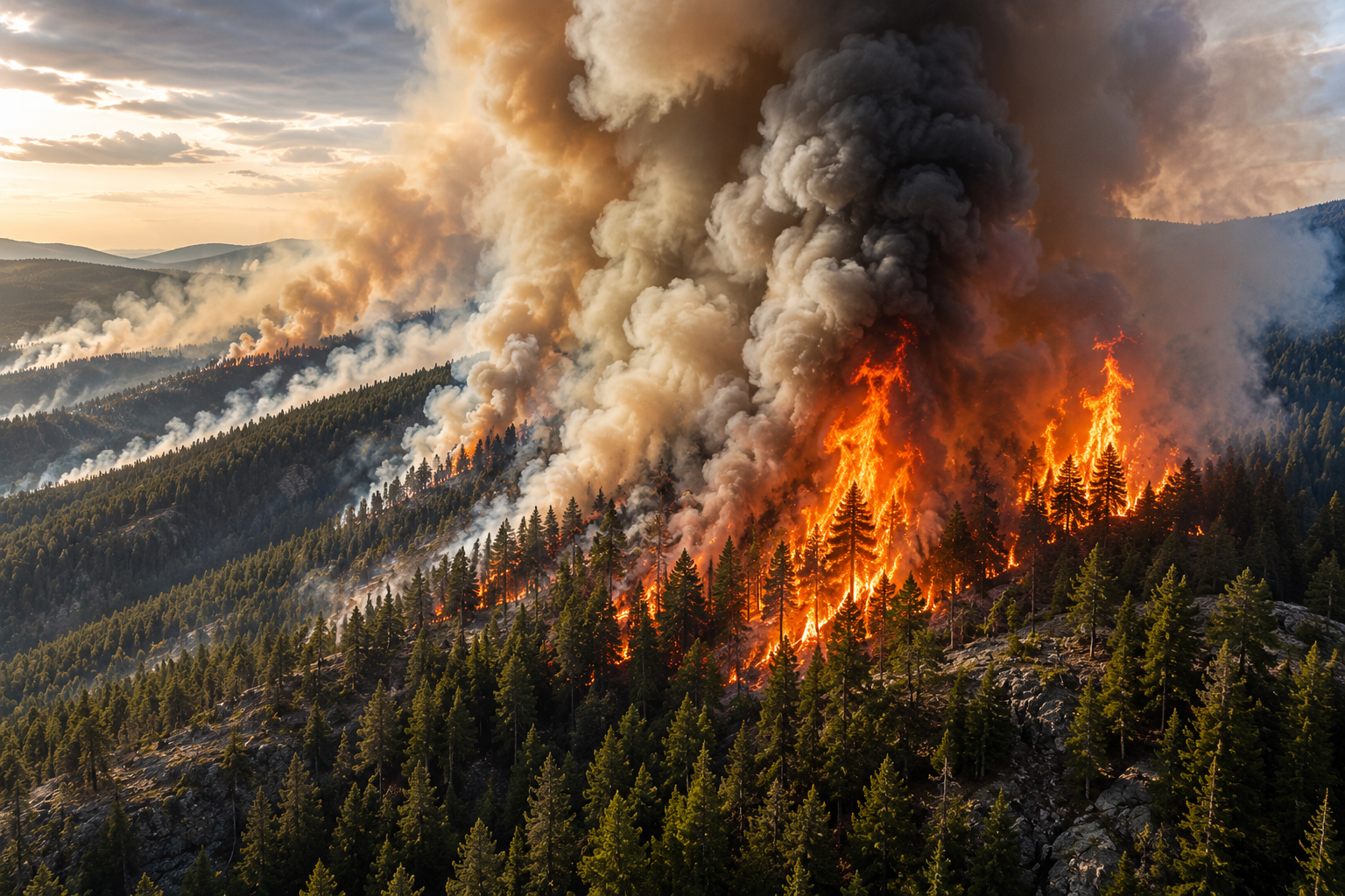 Vue aérienne d'un immense incendie de forêt avec d'importants panaches de fumée, illustrant les conséquences du réchauffement climatique sur les écosystèmes forestiers.