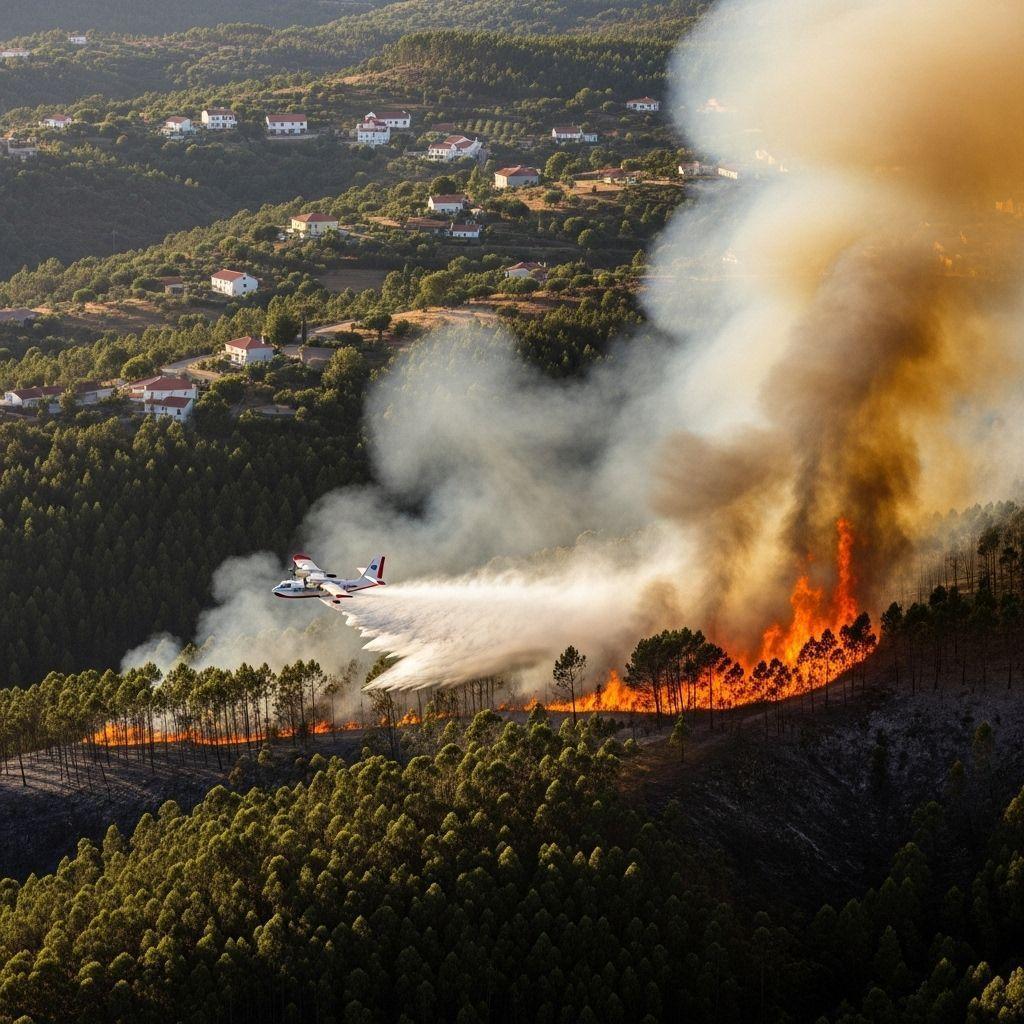 Vue aérienne d’un incendie de forêt menaçant un village, avec un avion larguant de l’eau au milieu d’une épaisse fumée