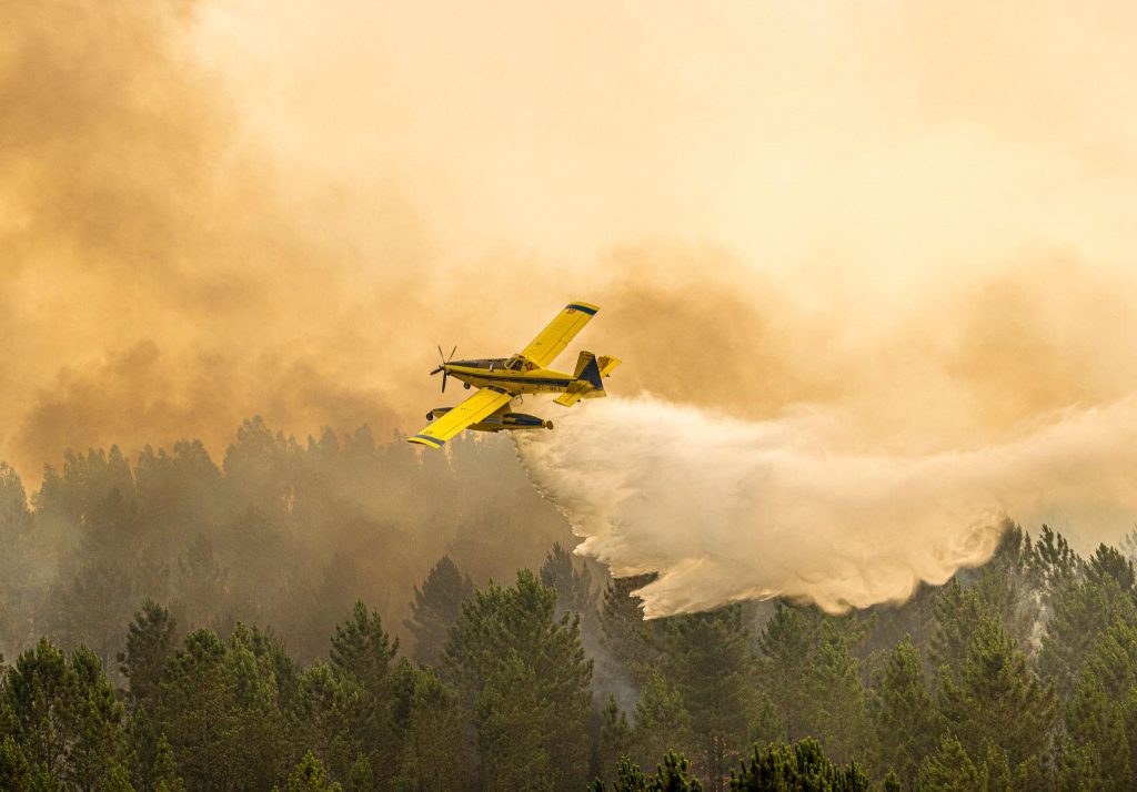 Avion bombardier d’eau larguant de l’eau au-dessus d’une forêt enveloppée par une épaisse fumée