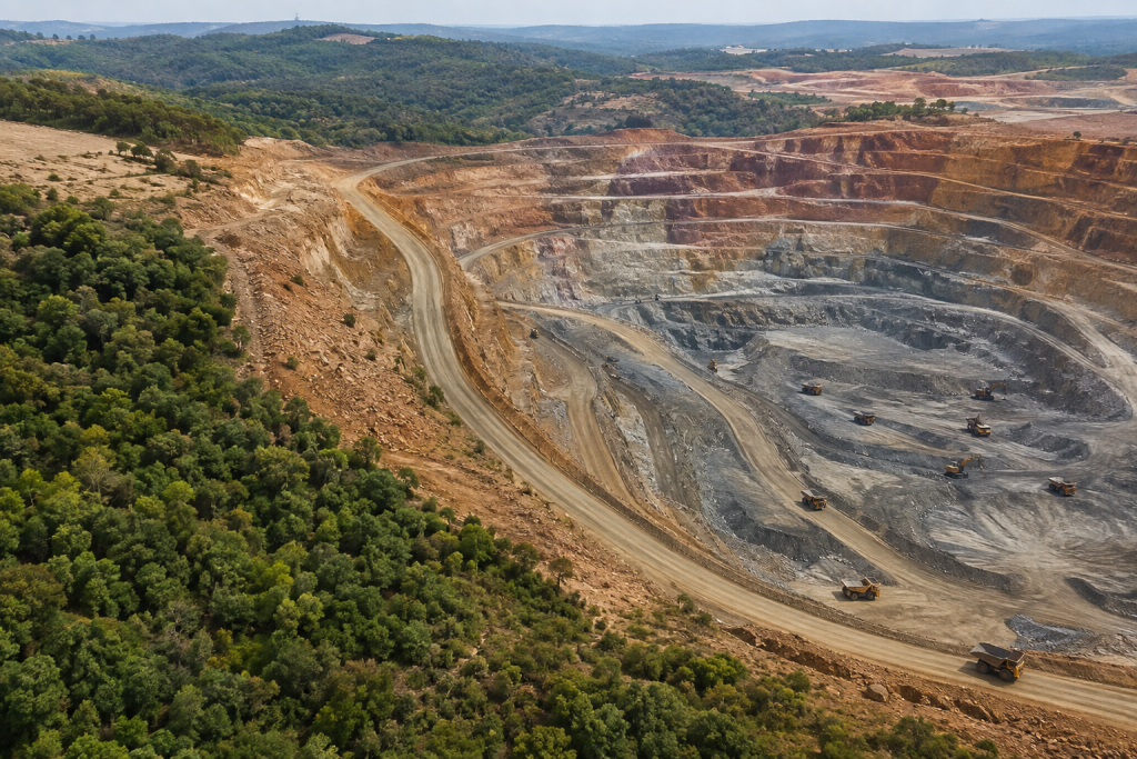 Grande mine à ciel ouvert illustrant l’exploitation intensive des ressources naturelles