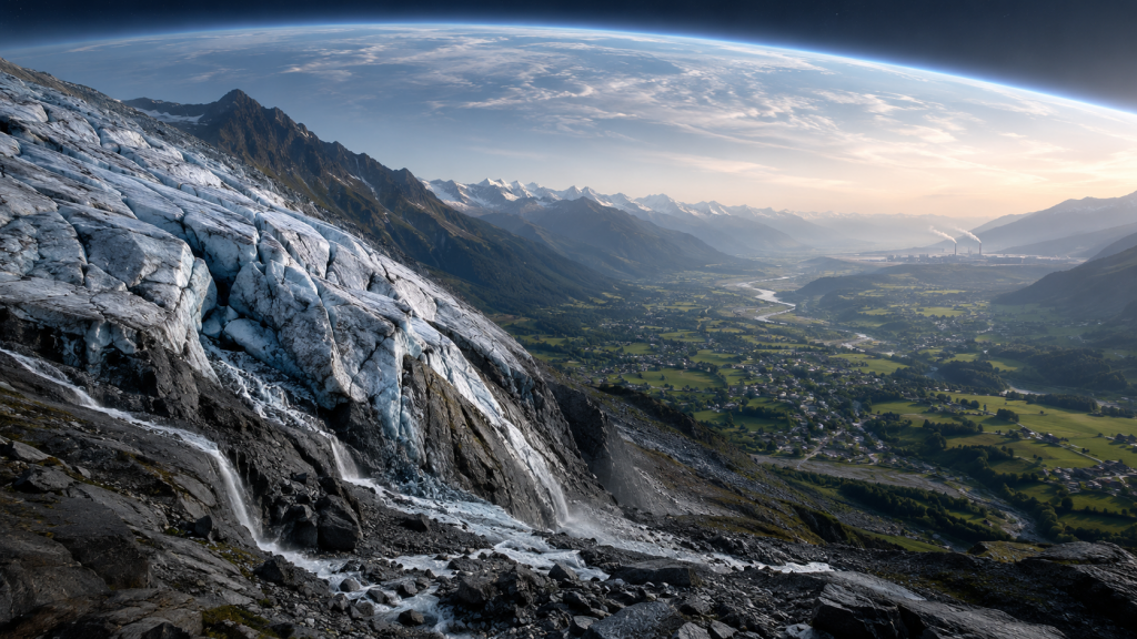 Glacier fissuré dominant une vallée menacée par le changement climatique