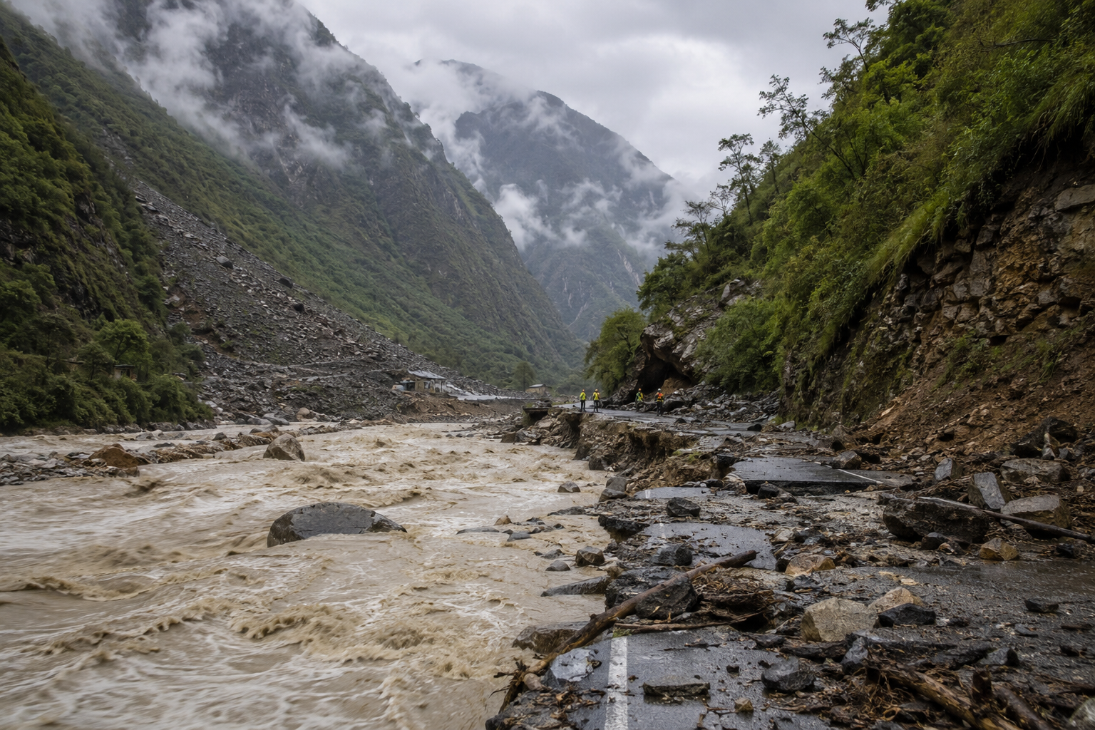 Vallée himalayenne du Népal touchée par une crue brutale et un glissement de terrain
