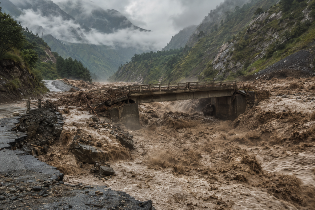 Pont menacé par une crue de boue et de pierres dans une vallée himalayenne